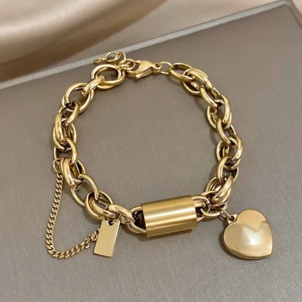 Heart Lock Stainless Steel Charm Bracelet Chunky Gold Plated Chain Love Bracelets Christmas Valentine Gift - Image 8
