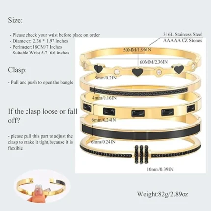 Stainless Steel Luxury 18K Gold Plated Bangles Bracelets Stackable Women's Bangle Bracelet Black Love Heart Fashion Jewelry - Image 2