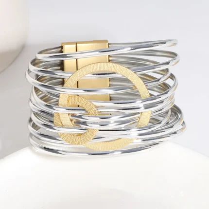 ALLYES Fashion Double Circle Metal PU Leather Bracelet for Women Exquisite Shiny Multilayer Wrap Wide Bracelets Party Jewelry - Image 16