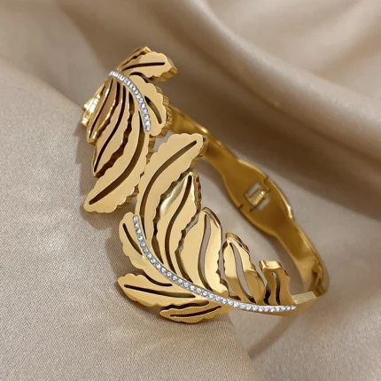 Exquisit Inlaid Rhinestone Feather Leaves Cuff Bracelets Fashion Gold Plated Stainless Steel Smooth Bangles Waterproof Jewelry - Image 4