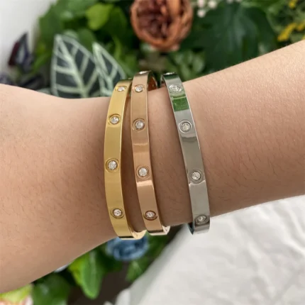 Yupsk Sliver Gold Color Stainless Steel Bangle Bracelet Inlaid Round Zircon Minimalist Birthday Jewelry Accessories Gift - Image 5