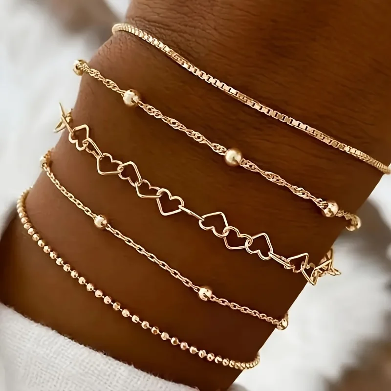 Seea366ace4f443bcbc83e44459096eceN.webp 5 Pcs Set Of Tiny Golden Chain Design Bracelet Zinc Alloy Jewelry Elegant Leisure Style For Women Daily Stackable Hand Chain - Image 1