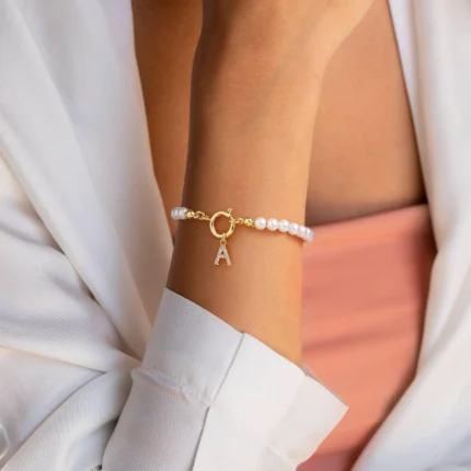 Minar Delicate 14K Real Gold Silver Plated Copper CZ Zircon 26 Letter Simulated Pearl Beaded Chain Charm Bracelets for Women - Image 7