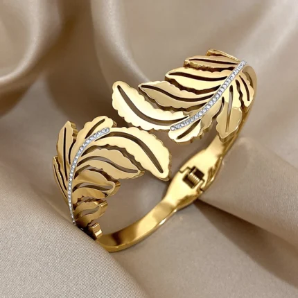 Exquisit Inlaid Rhinestone Feather Leaves Cuff Bracelets Fashion Gold Plated Stainless Steel Smooth Bangles Waterproof Jewelry - Image 3